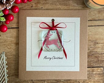 Fused Glass Reindeer Christmas Card, Handmade Keepsake
