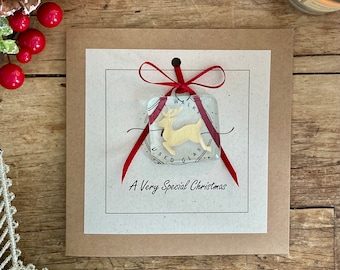 Fused Glass Reindeer Christmas Card, Handmade Keepsake