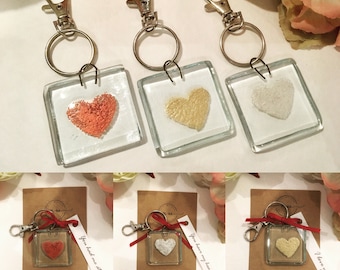 Fused glass heart keyring, gift, hanging heart, keepsake, love sentiment with tag - personalised option available