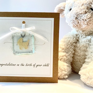 Félicitations pour la naissance de votre enfant. Poussette landau dorée attrape-soleil amovible en verre fusionné/poche câlin/souvenir. Carte personnalisable.