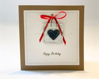 Happy Birthday Card with fused glass keepsake. Black copper heart encapsulated within glass. Handmade in the UK using recycled card.