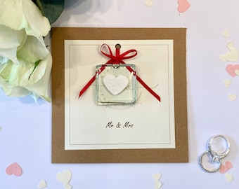 Mr & Mrs, Wedding Card with fused glass forever keepsake. Sparkling heart encapsulated within glass. Handmade in the UK