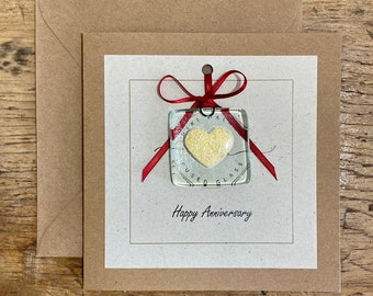 Anniversary Card with detachable fused glass gold heart sun catcher/pocket hug/glass art. Thoughtful anniversary card & gift. Customisable.