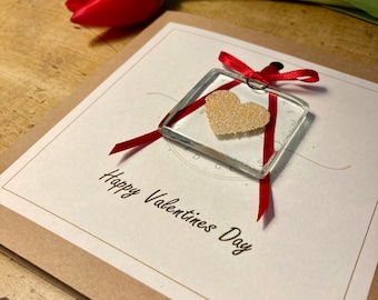 Happy Valentine’s Day Card with fused glass forever keepsake. Sparkling heart encapsulated within glass. Handmade in Cumbria.