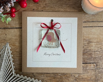 Merry Christmas. Handmade card with robin fused glass forever keepsake. Special unique Christmas Card.