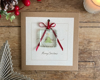 Merry Christmas. Handmade card with Christmas tree and gold star. Fused glass forever keepsake. Special Christmas Card