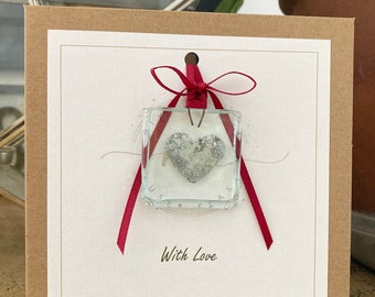 With Love Card with fused glass forever keepsake . Sparkling grey heart encapsulated within glass. Handmade in the UK