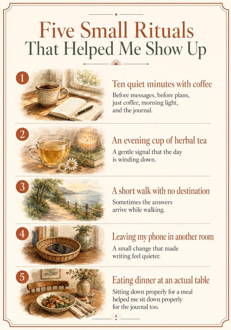 May include: A poster titled Five Small Rituals That Helped Me Show Up, featuring five numbered watercolor illustrations. Each section depicts daily habits: coffee with a journal, herbal tea with a candle, a coastal path, a phone in a basket, and a dinner table setting.