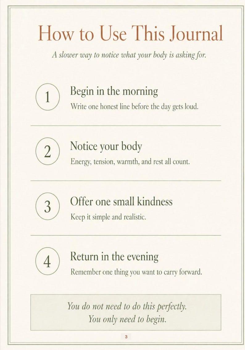 Puede incluir: Una p&aacute;gina titulada How to Use This Journal con el subt&iacute;tulo A slower way to notice what your body is asking for. Enumera cuatro pasos numerados: 1. Begin in the morning, 2. Notice your body, 3. Offer one small kindness, 4. Return in the evening.