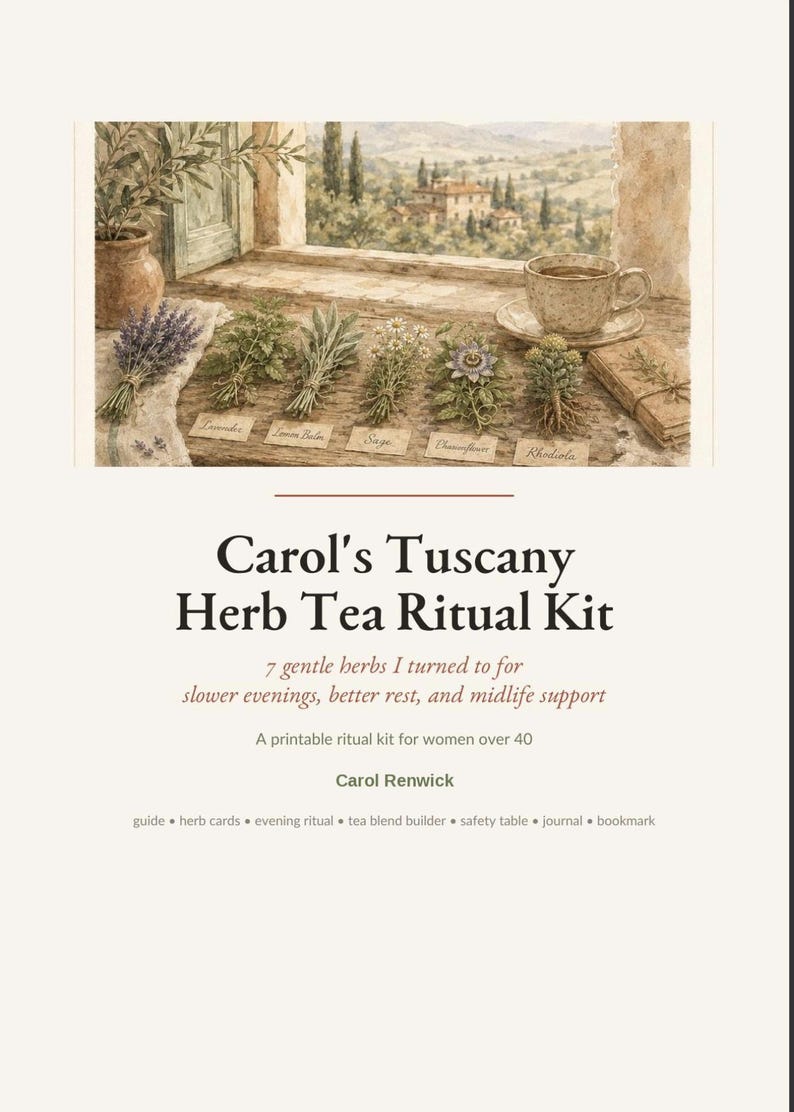 Puede incluir: Un kit imprimible titulado Carol's Tuscany Herb Tea Ritual Kit de Carol Renwick. La imagen presenta una ilustraci&oacute;n en acuarela de seis manojos de hierbas etiquetados como Lavender, Lemon Balm, Sage, Chamomile, Passionflower y Rhodiola junto a una taza.