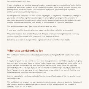 Puede incluir: Una p&aacute;gina impresa titulada Important before you begin y Who this workbook is for. El texto explica que este recurso educativo no es una dieta ni un programa m&eacute;dico, sino una gu&iacute;a para comprender las se&ntilde;ales del cuerpo, el estr&eacute;s.