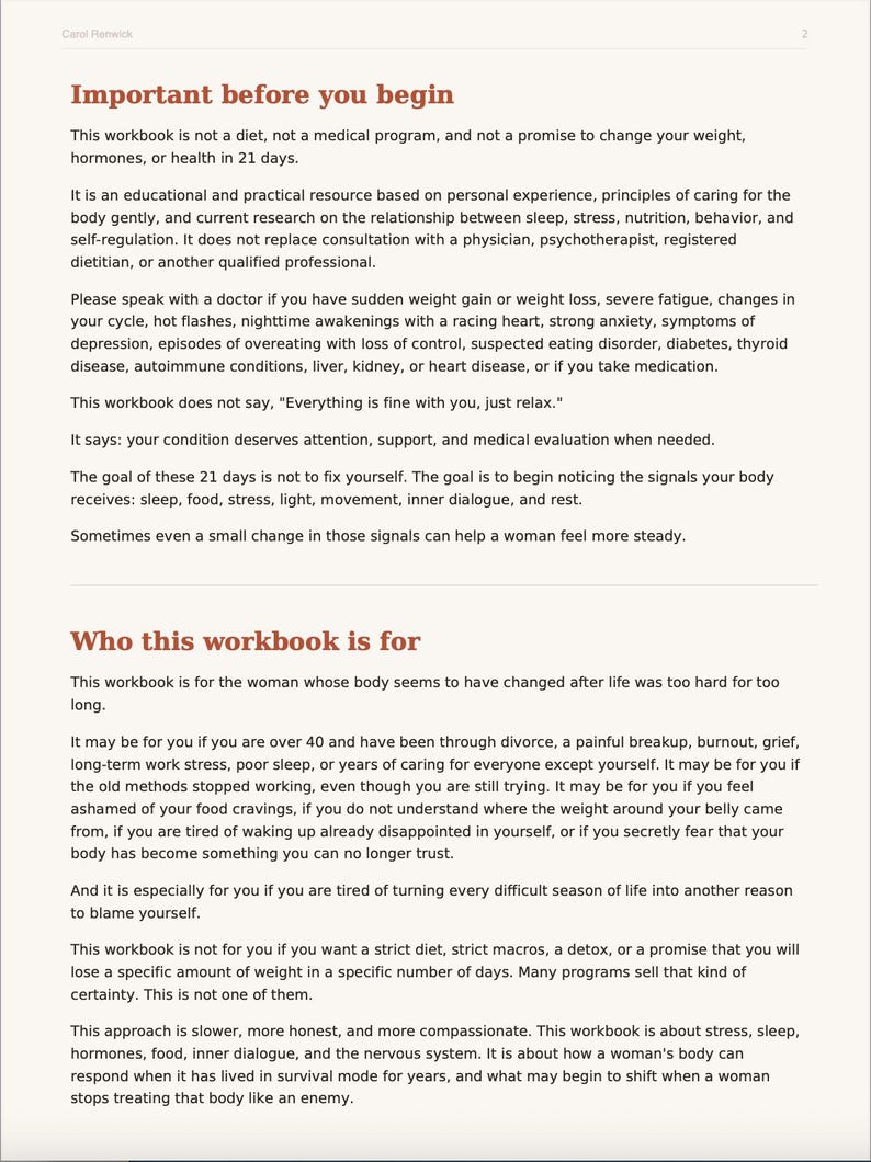 Puede incluir: Una p&aacute;gina impresa titulada Important before you begin y Who this workbook is for. El texto explica que este recurso educativo no es una dieta ni un programa m&eacute;dico, sino una gu&iacute;a para comprender las se&ntilde;ales del cuerpo, el estr&eacute;s.