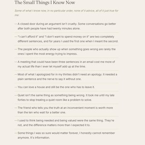 May include: A printed document titled Carol's List To Get You Started: The Small Things I Know Now. The text features a list of ten numbered life observations printed in black ink on a light beige background, ending with the sentence This page is mine. The next one is yours.