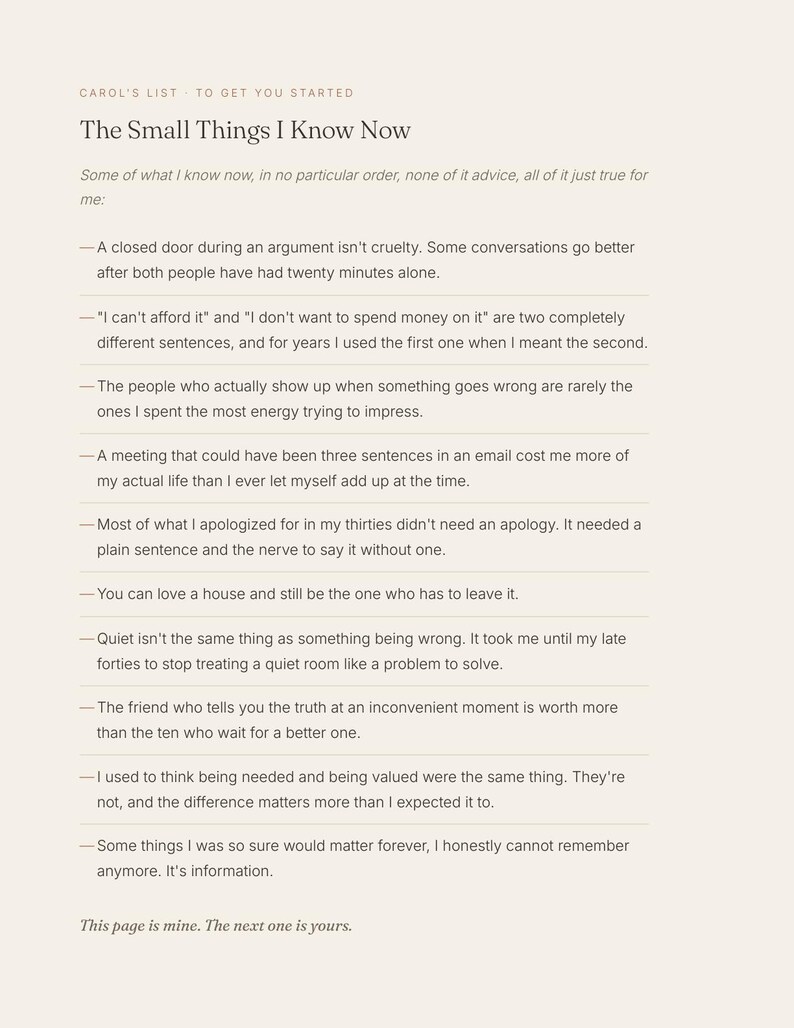 May include: A printed document titled Carol's List To Get You Started: The Small Things I Know Now. The text features a list of ten numbered life observations printed in black ink on a light beige background, ending with the sentence This page is mine. The next one is yours.