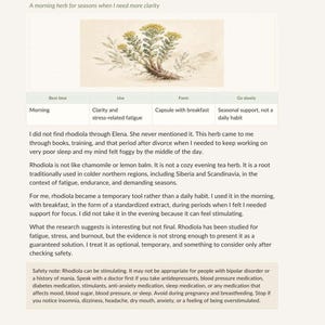 Puede incluir: Una p&aacute;gina titulada Herb 1. Rhodiola Rosea que presenta una ilustraci&oacute;n bot&aacute;nica de la planta con flores amarillas. Debajo de la imagen hay una tabla con columnas para Best time, Use, Form y Go slowly, seguida de p&aacute;rrafos de texto sobre la hierba.