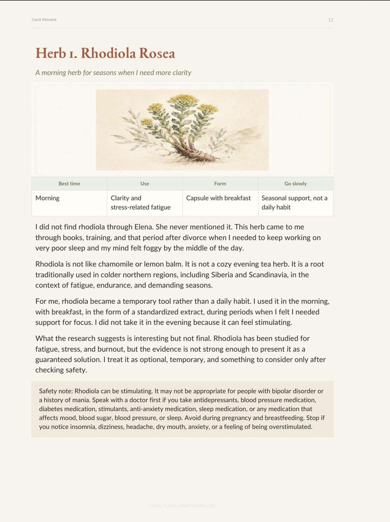 Puede incluir: Una p&aacute;gina titulada Herb 1. Rhodiola Rosea que presenta una ilustraci&oacute;n bot&aacute;nica de la planta con flores amarillas. Debajo de la imagen hay una tabla con columnas para Best time, Use, Form y Go slowly, seguida de p&aacute;rrafos de texto sobre la hierba.