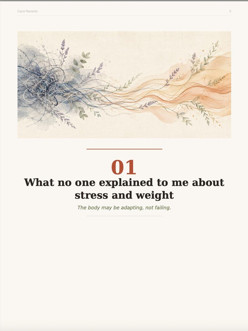 Puede incluir: Una p&aacute;gina con una ilustraci&oacute;n en acuarela de l&iacute;neas azules y naranjas que se arremolinan con elementos bot&aacute;nicos. El texto dice: 01 What no one explained to me about stress and weight. The body may be adapting, not failing. Carol Ranwick.