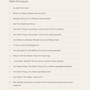 May include: A table of contents page from a workbook titled What's Inside, listing sixteen chapters including A Letter From Carol, Before You Begin, Nobody Asked, So I'm Writing It Down Myself, How This Workbook Works, and A Closing Note From Carol.