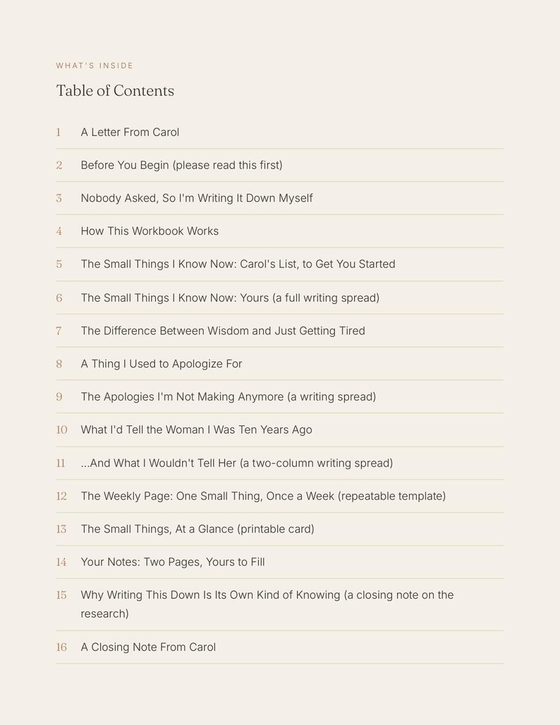 May include: A table of contents page from a workbook titled What's Inside, listing sixteen chapters including A Letter From Carol, Before You Begin, Nobody Asked, So I'm Writing It Down Myself, How This Workbook Works, and A Closing Note From Carol.