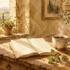 May include: An open book rests on a weathered wooden table beside a steaming mug of coffee, a ceramic pitcher filled with greenery, a small bowl of lemons, and a pair of glasses. Sunlight streams through a window overlooking a rural landscape.