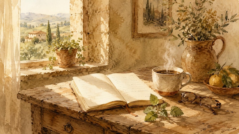May include: An open book rests on a weathered wooden table beside a steaming mug of coffee, a ceramic pitcher filled with greenery, a small bowl of lemons, and a pair of glasses. Sunlight streams through a window overlooking a rural landscape.