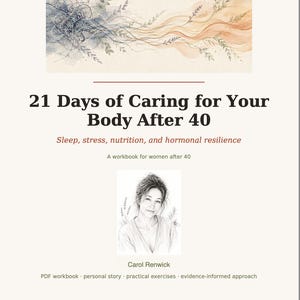 Puede incluir: Una portada de libro de ejercicios titulada 21 Days of Caring for Your Body After 40, con una ilustraci&oacute;n en acuarela de l&iacute;neas fluidas azules y naranjas con elementos bot&aacute;nicos. Incluye un retrato a l&aacute;piz de Carol Renwick y texto.