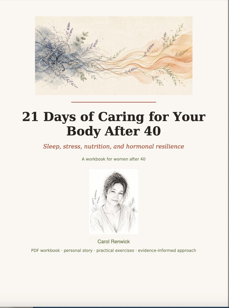 Puede incluir: Una portada de libro de ejercicios titulada 21 Days of Caring for Your Body After 40, con una ilustraci&oacute;n en acuarela de l&iacute;neas fluidas azules y naranjas con elementos bot&aacute;nicos. Incluye un retrato a l&aacute;piz de Carol Renwick y texto.