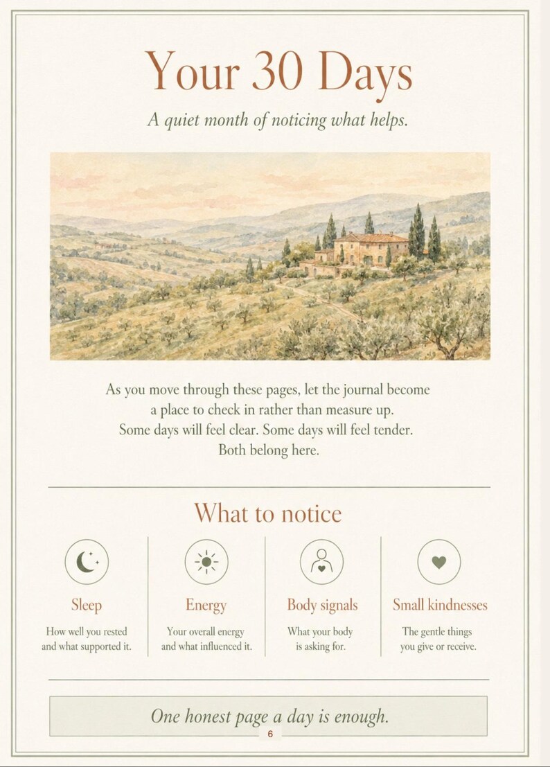 Puede incluir: Una p&aacute;gina de diario titulada Your 30 Days, A quiet month of noticing what helps. Incluye un paisaje en acuarela de una villa en colinas, texto sobre la introspecci&oacute;n y una secci&oacute;n What to notice con iconos para Sleep, Energy, Body signals y Small kindnesses, terminando con el texto One honest page a day is enough.