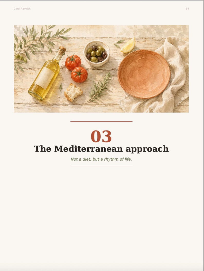 Puede incluir: Una p&aacute;gina titulada 03 The Mediterranean approach, Not a diet, but a rhythm of life. Sobre el texto hay una fotograf&iacute;a de una botella de aceite de oliva, dos tomates rojos, un cuenco de aceitunas, un gajo de lim&oacute;n, pan y un cuenco de terracota.
