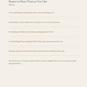 May include: A cream-colored journal page titled The Weekly Page, Repeat as Many Times as You Like. It includes a line for Week of, followed by five prompts with lines for writing, and a concluding note about skipping weeks without a streak counter.