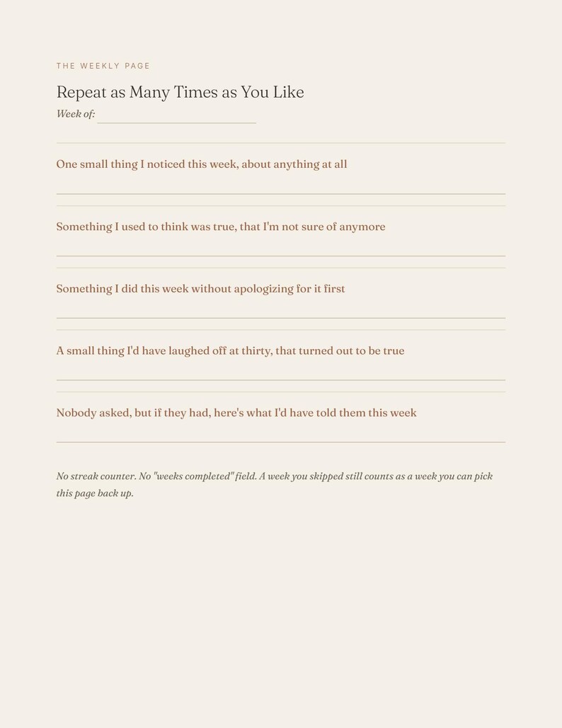 May include: A cream-colored journal page titled The Weekly Page, Repeat as Many Times as You Like. It includes a line for Week of, followed by five prompts with lines for writing, and a concluding note about skipping weeks without a streak counter.