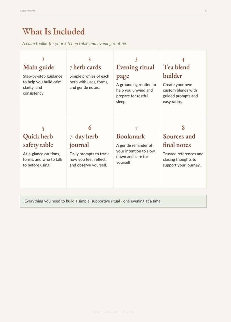 Puede incluir: Un documento titulado What Is Included que enumera ocho componentes: una gu&iacute;a principal, 7 tarjetas de hierbas, una p&aacute;gina de ritual nocturno, un creador de mezclas de t&eacute;, una tabla de seguridad de hierbas, un diario de hierbas de 7 d&iacute;as, un marcap&aacute;ginas y notas.