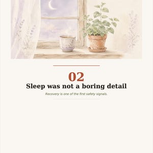 Puede incluir: Una ilustraci&oacute;n en acuarela que muestra un alf&eacute;izar con una planta verde en maceta y una taza humeante. El texto dice 02 Sleep was not a boring detail. Recovery is one of the first safety signals. Incluye una luna creciente en el cielo.
