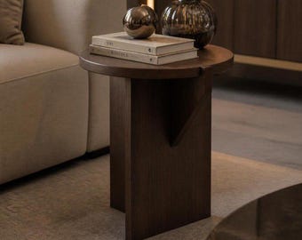 Modern Round Side Table, Walnut End Table, Japandi Bedside Table, Scandinavian Accent Table, Minimalist MDF Coffee Table