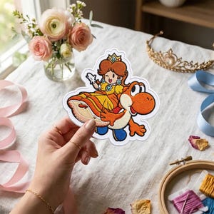 Princess Daisy Riding Yoshi Patch Iron On, Mario Game Embroidered Sew On Applique, Retro Gamer Girl Boy Gift, Video Game Fan Gear