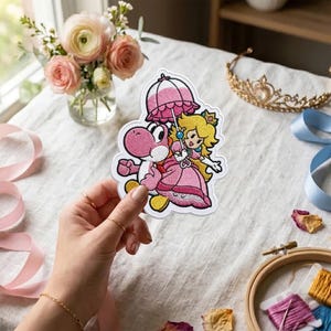 Prinses Peach rijdend op Yoshi patch om op te strijken, Mario game geborduurde applicatie om op te naaien, retro gamer cadeau voor meisje/jongen, videogame fan gadgets