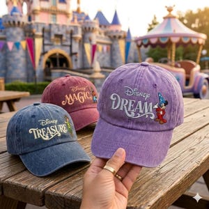 Puede incluir: Tres gorras de béisbol en azul, granate y morado. La gorra azul presenta el texto Disney TREASURE con Campanilla. La granate muestra Disney MAGIC con un personaje. La morada muestra Disney DREAM con Mickey Mouse vestido de mago.
