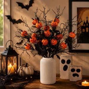 May include: A white ribbed ceramic vase holds a decorative arrangement of black leafless branches adorned with small orange jack-o'-lanterns featuring painted black facial expressions, interspersed with pieces of black tulle fabric.