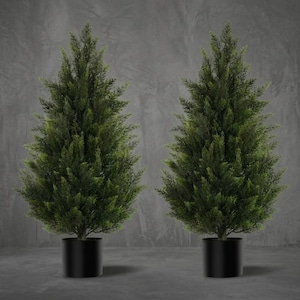 2 Pack Artificial Cedar Topiary Trees 3 Ft Faux Evergreen Pine Shrubs for Front Porch