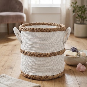 Cesto de armazenamento em corda branca, cesto trançado com alças, capa de vaso trançada grossa, cesto de roupa suja estilo praiano 15x14, cesto de brinquedos em algodão boho