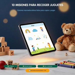 Pode incluir: Um tablet digital exibindo uma grade de ilustrações coloridas, incluindo um arco-íris, uma nuvem e crianças, com o texto 10 MISIONES PARA RECOGER JUGUETES, Guiones neuroeducativos listos para copiar y pegar, 10 Páginas, Listo para imprimir, Guía + Actividades e DESCARGA INSTANTÁNEA • PDF.