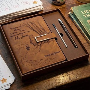 May include: A brown leather-like journal featuring a Winnie the Pooh illustration and the text "It makes such a difference" Said Pooh "To have someone who believes in you" Mrs. Jones and "Thank you, Ethan" with a metal clasp, paired with two pens in a box.