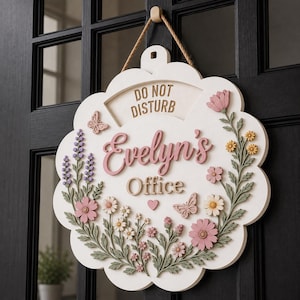 Letrero personalizado para puerta de oficina, colgador de puerta de madera con nombre personalizado, letrero de "No molestar", decoración floral para oficina, regalo personalizado para el espacio de trabajo