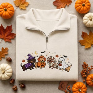 Halloween Dachshund Embroidered Quarter Zip Sweatshirt, Cute Dog Halloween Pullover, Cozy Fall Half Zip, Spooky Embroidery Sweater
