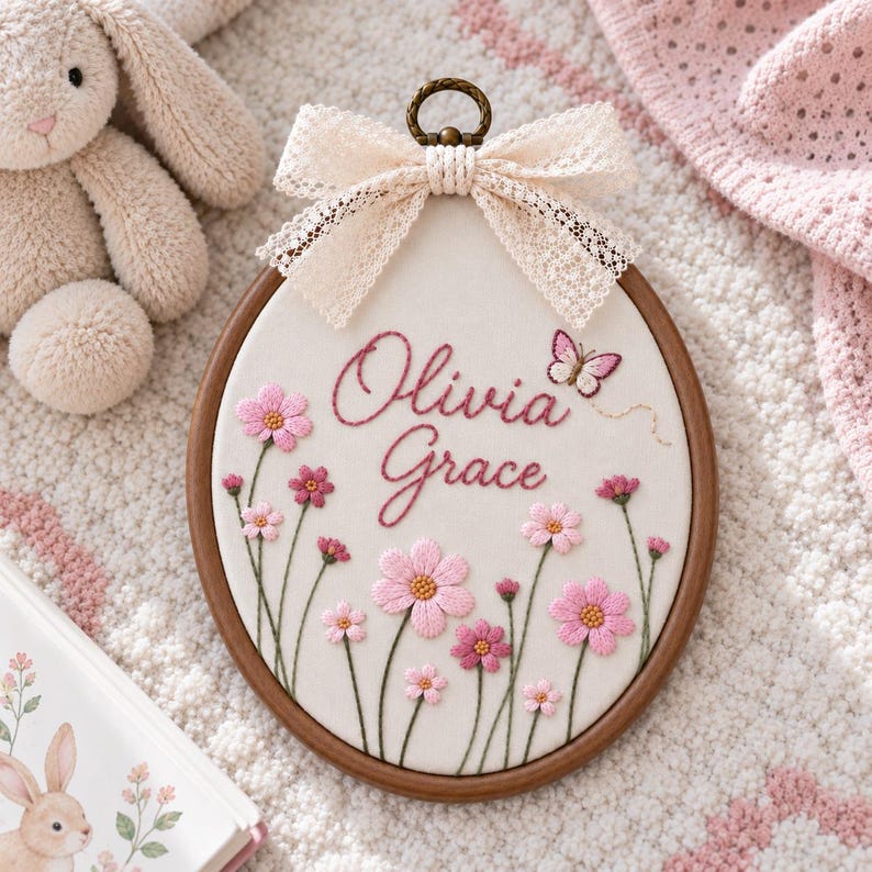 Personalized Embroidered Baby Name Hoop, Pink Floral Nursery Wall Decor ...