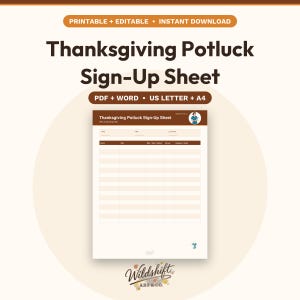 Printbare inschrijflijst voor de Thanksgiving-potluck | Etenlijst voor de Friendsgiving op de verpleegafdeling | Potluck op het werk | Bewerkbaar PDF- en Word-bestand