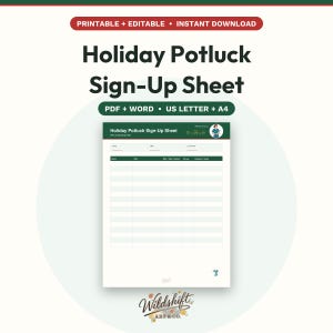 Christmas Potluck Sign Up Sheet Printable | Nurse Unit Holiday Party Food List | Work Potluck | Editable PDF and Word