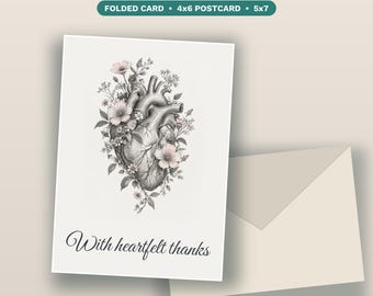 Heartfelt Thanks Card Printable | Nurse and Caregiver Thank You Card | Floral Heart Sketch Card and 4x6 Postcard | Instant Download