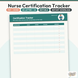 Nurse Certification Tracker | BLS ACLS PALS Expiration Log | Nursing Certifications Printable | Editable Word Doc & Printable