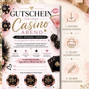 Casino Gutschein für gemeinsamen Abend | PDF mit 3 × 20-Jetons | Digitaler Download | Girls Night out | Ausflug